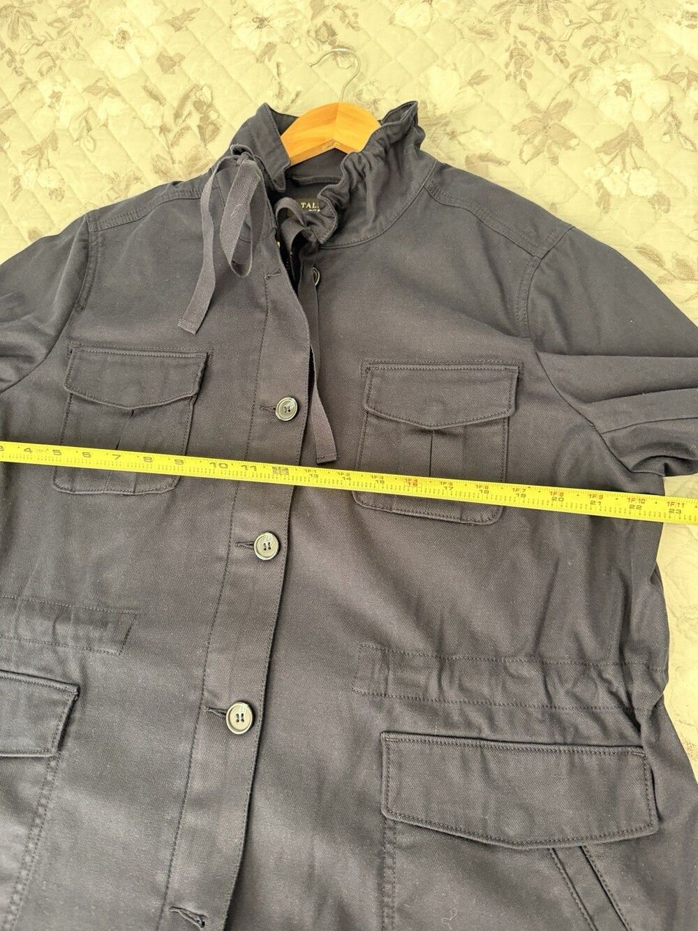 Talbots Plus Petite 1XP Navy Utility Field Jacket Ruffle Collar Drawstring - Picture 4 of 10